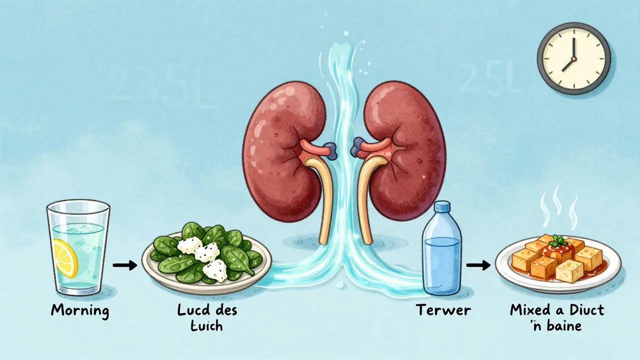 Daily routine timeline with fluid flow through healthy kidneys to prevent stone recurrence.