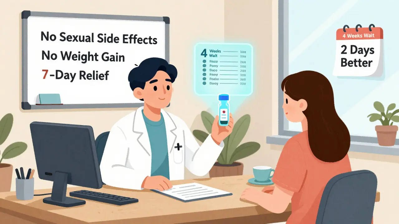 Doctor and patient viewing a glowing genetic test chart that recommends the best antidepressant for their body.