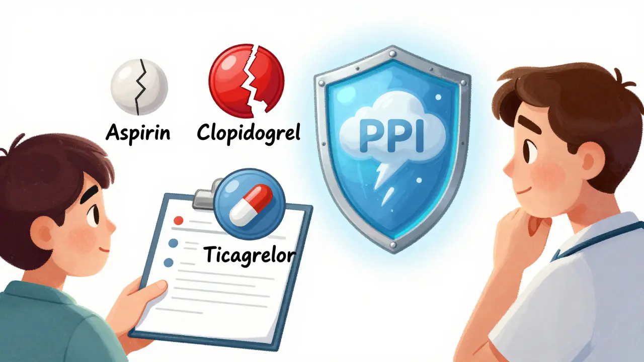 Doctor presenting three antiplatelet pills with varying risk symbols and a protective PPI shield.