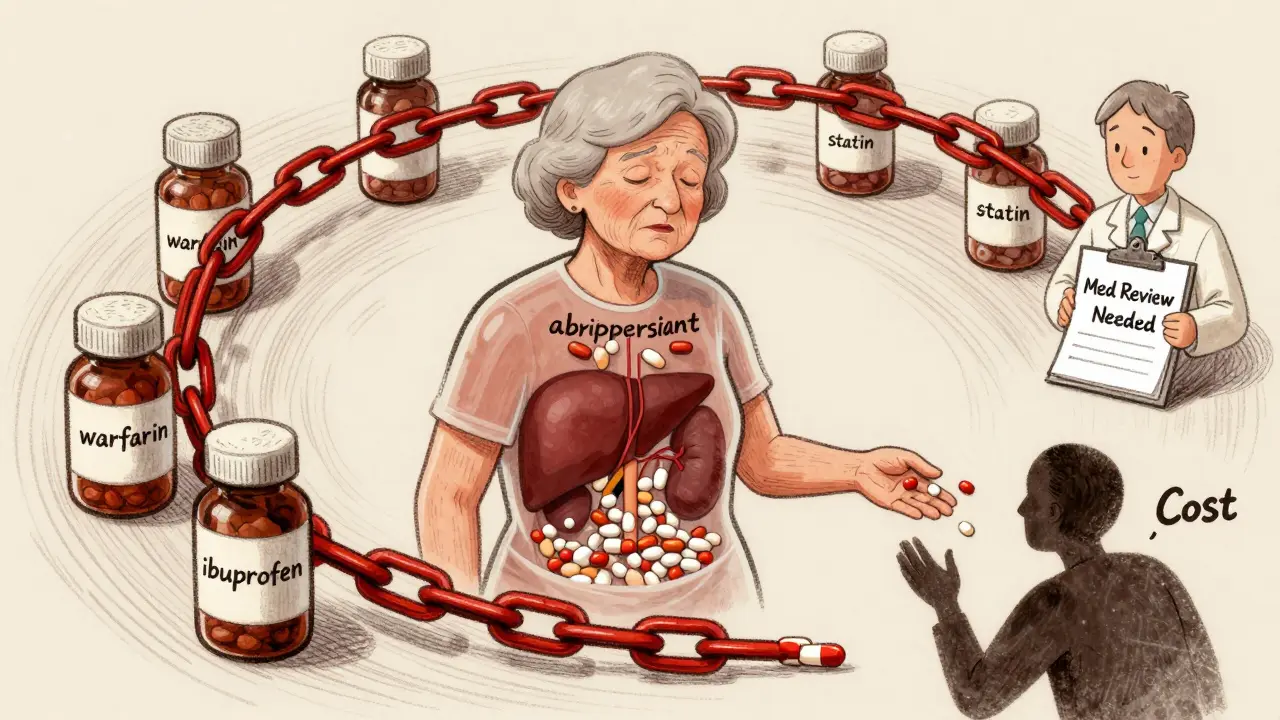 Elderly woman surrounded by interconnected pill bottles causing liver and kidney strain, pharmacist offering review.