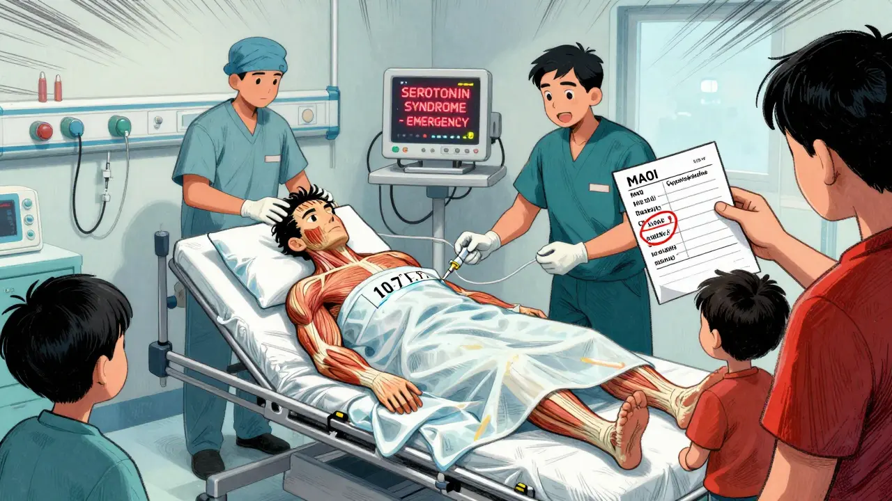 Emergency room scene with a patient in serotonin syndrome, staff administering treatment.