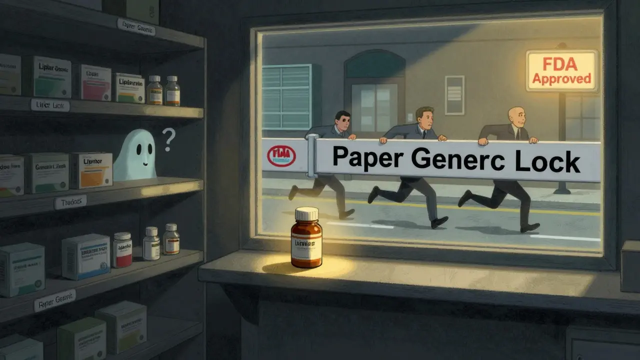 Empty generic drug shelf with one bottle lit up, patient peering through glass, legal barrier blocking others.