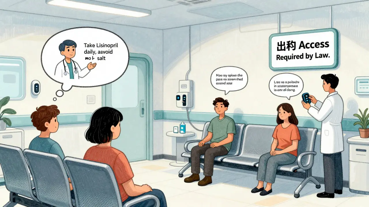 Floating audio summaries explain health info above patients in a hospital waiting room with beacon installers nearby.