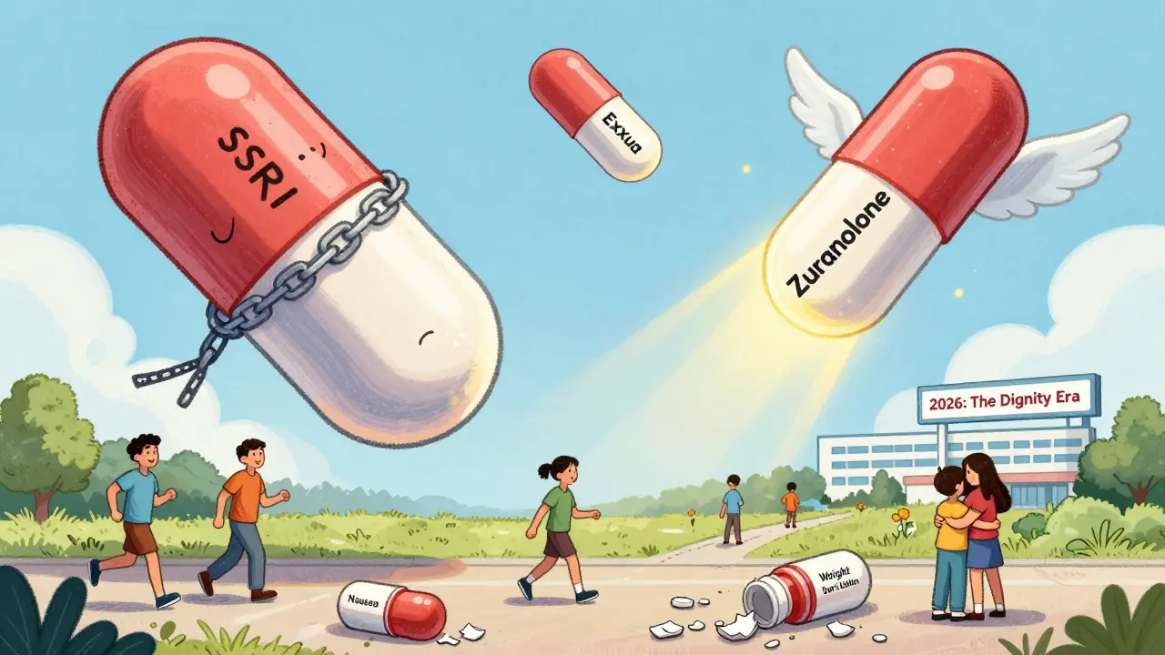 Floating pills in sky: old SSRIs chained down, new ones glowing with wings as people walk free below.