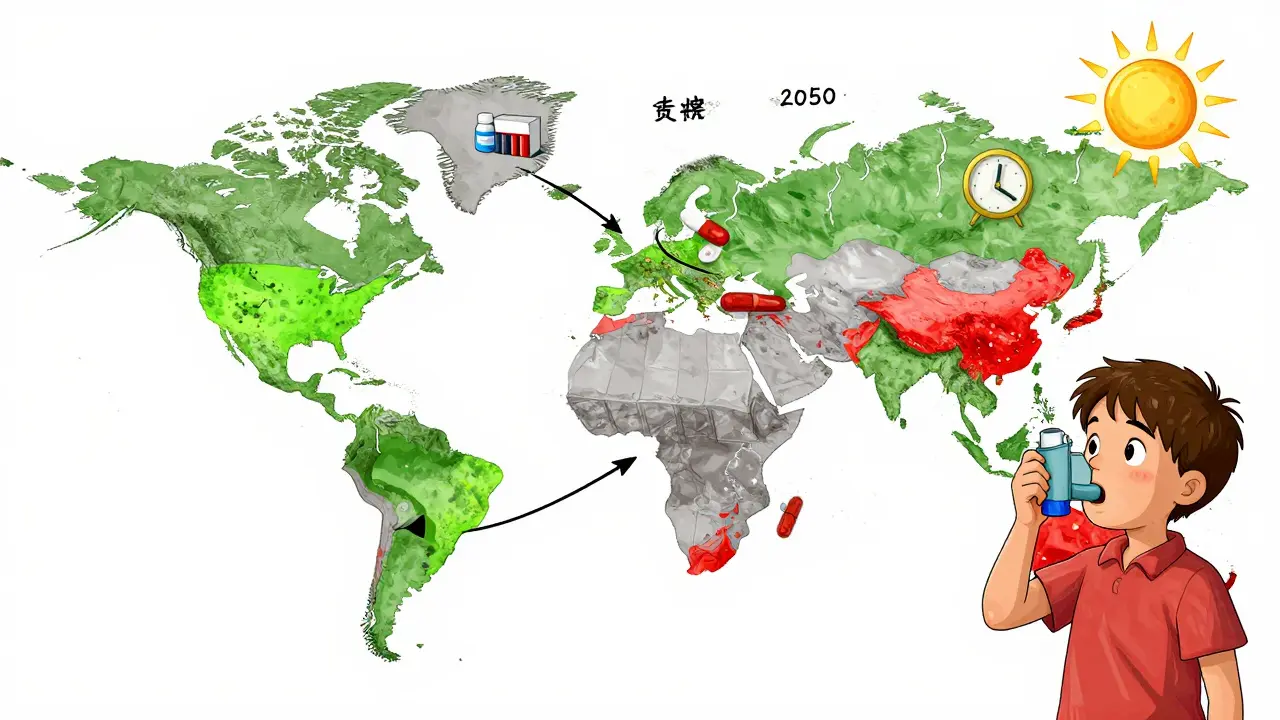 Global map showing safe drug storage in green and risky hot zones in red, with rising temperatures and a child holding an inhaler.