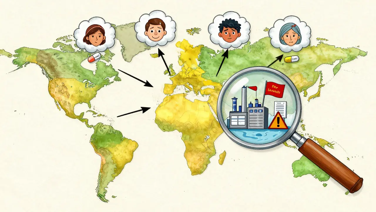 India as global generic supplier, with pills flowing to other continents while hidden quality issues are revealed under a magnifying glass.