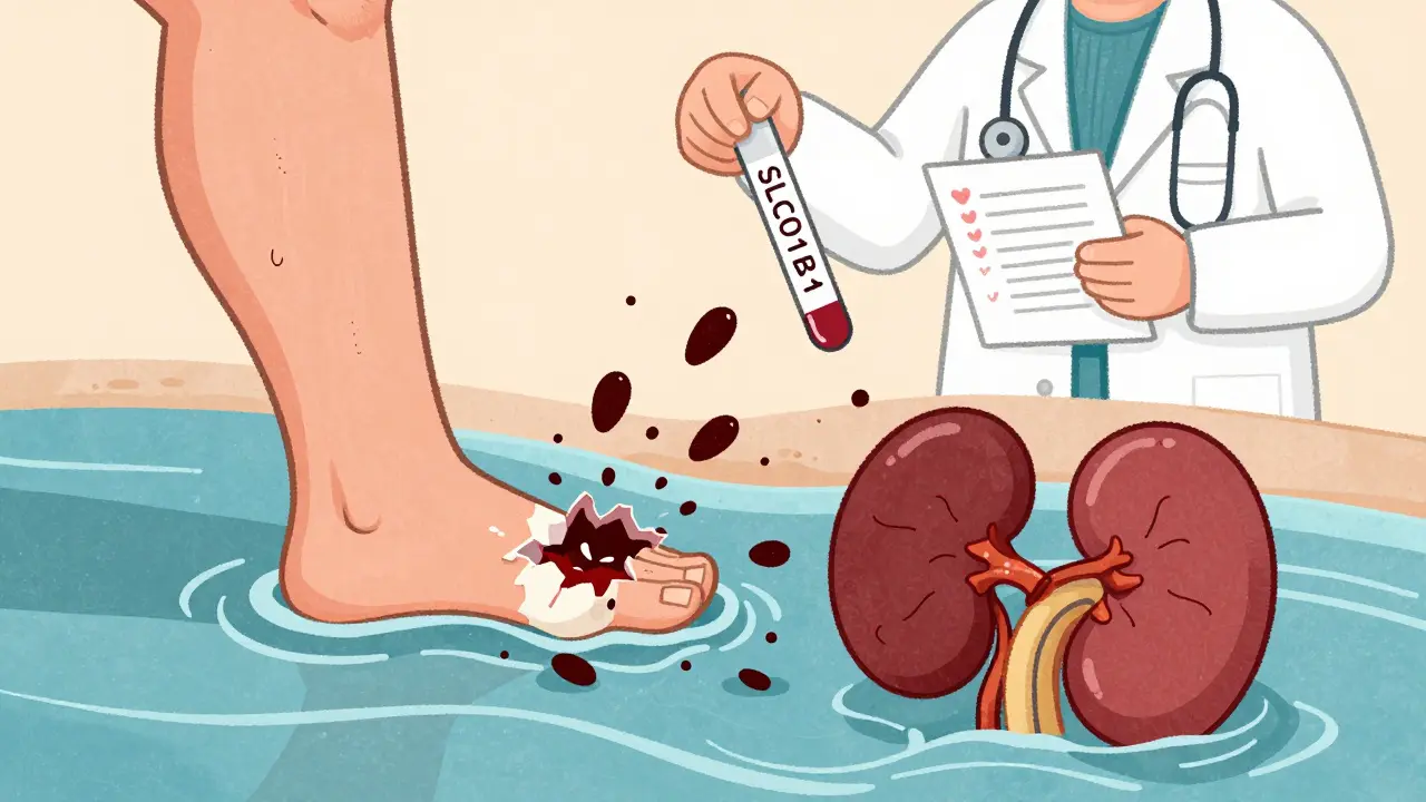Muscle rupturing to release myoglobin into a kidney, with genetic test and symptoms shown above in medical illustration style.