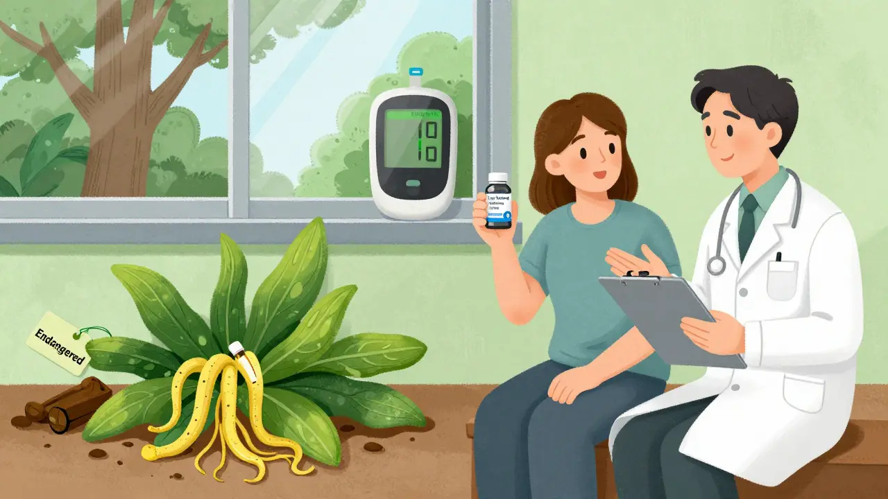 Person with doctor, holding safe berberine capsule as wild goldenseal plant is discarded on floor.