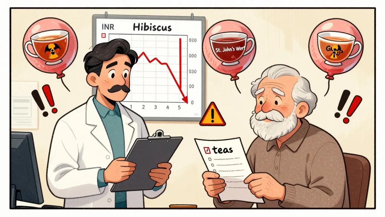 Pharmacist and elderly patient surrounded by floating herbal teas labeled as potential drug dangers.