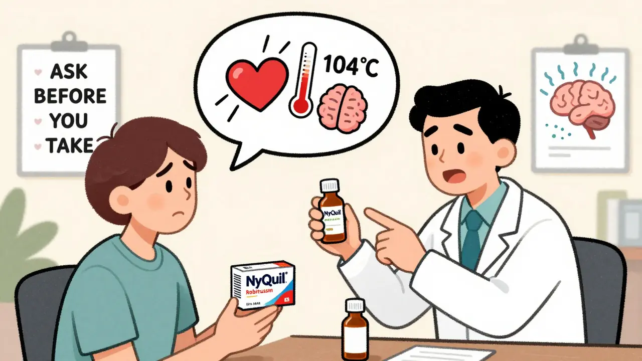 Pharmacist warning patient about hidden dextromethorphan in cold medicine.