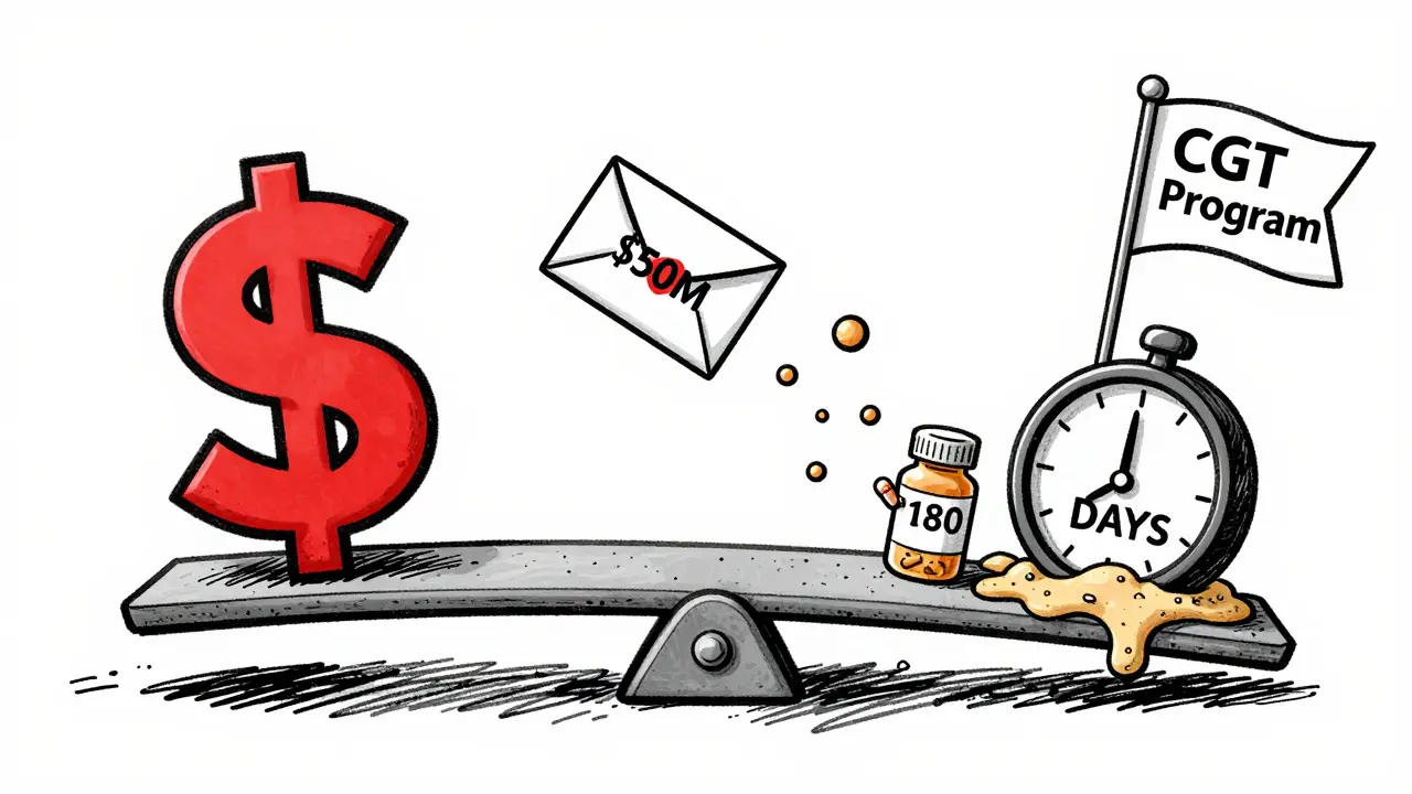 Seesaw with dollar sign and patient, reverse payment envelope tipping scale, melting 180-day clock.
