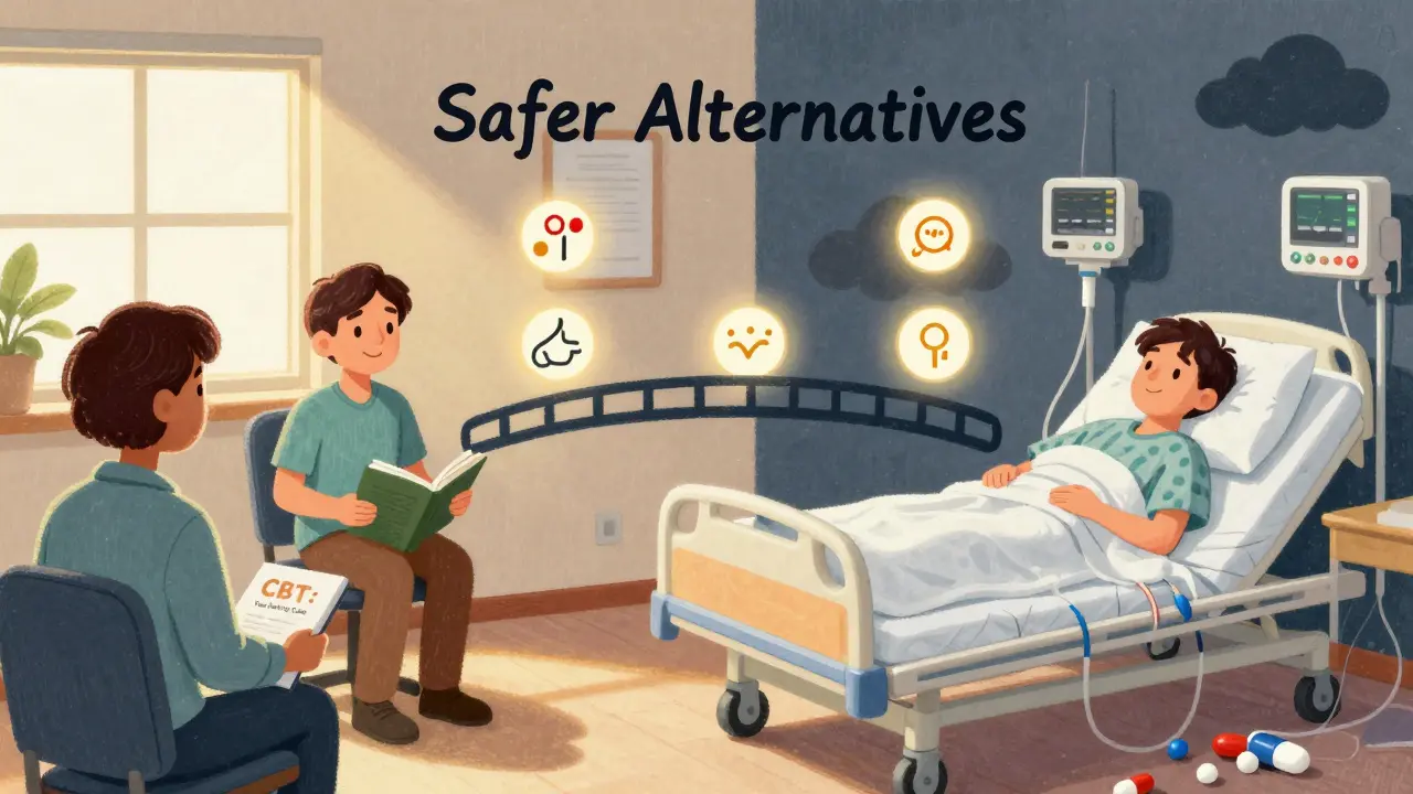 Split illustration: one side shows therapy and calm, the other shows hospitalization, connected by a bridge labeled 'Safer Alternatives'.