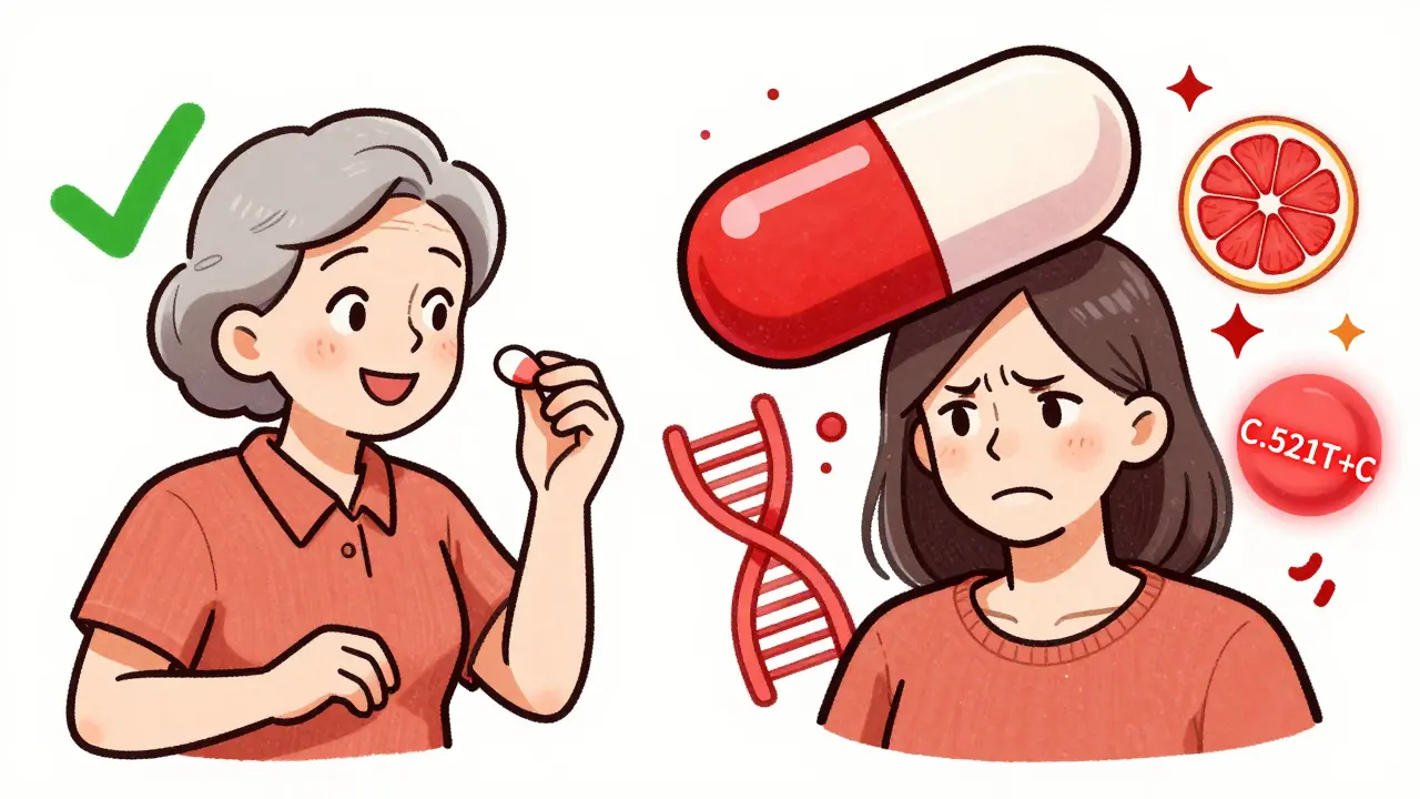 Split illustration: woman safely taking pravastatin vs. another overwhelmed by high-risk simvastatin and drug interactions.