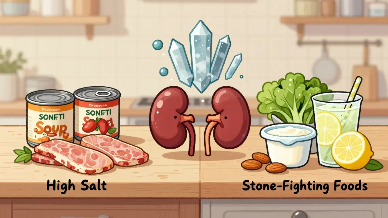 Split kitchen showing unhealthy salty foods vs. kidney-friendly foods like yogurt and spinach.