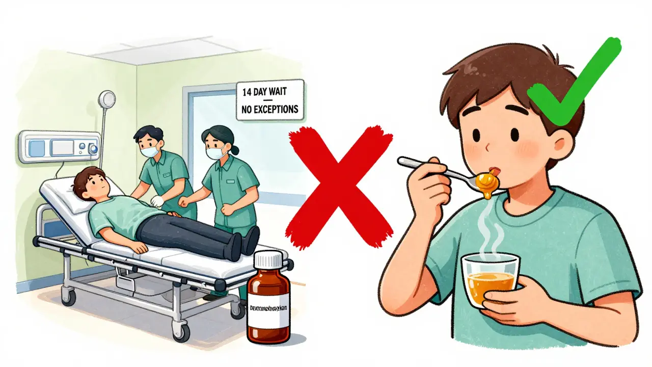 Split scene: hospital emergency vs. safe honey remedy for cough.