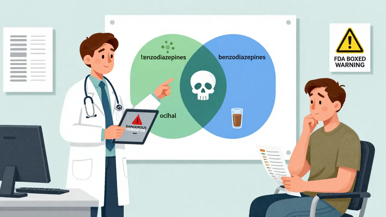 Two doctors reviewing a warning diagram showing dangerous drug interactions between opioids, benzodiazepines, and alcohol.