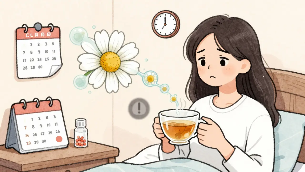 Woman drinking chamomile tea beside birth control pills, with estrogen molecules being drawn away.
