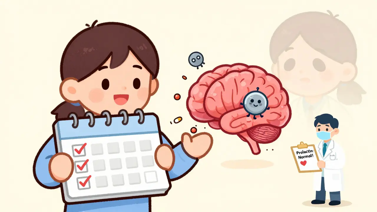 A happy patient with a shrinking brain tumor as friendly robot molecules restore hormone balance, fading a tired version of themselves.