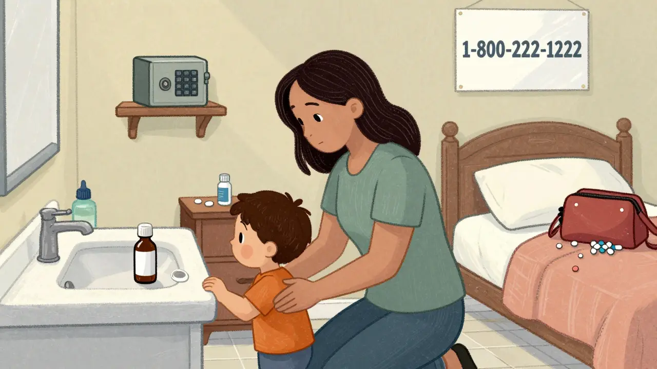 A mother checks a room from a toddler’s perspective, spotting unsafe medicine locations and a secure lockbox.