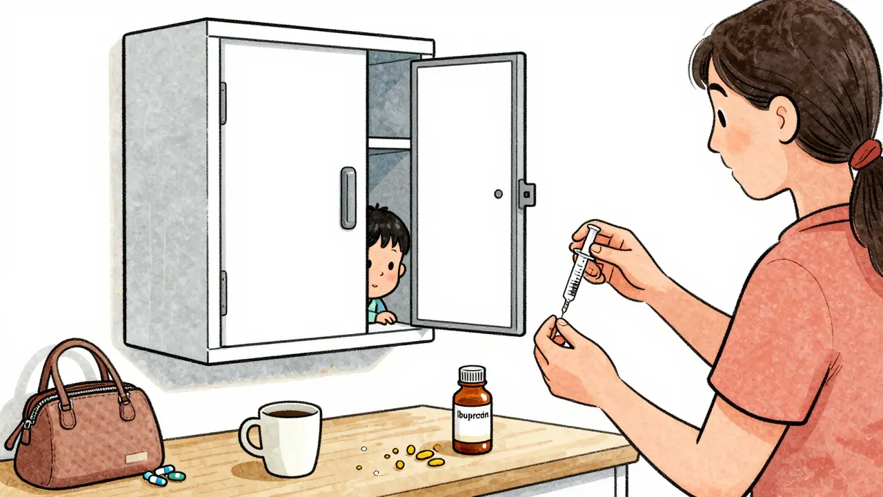 A parent uses a dosing syringe to give medicine while a locked cabinet keeps pills safely out of reach.