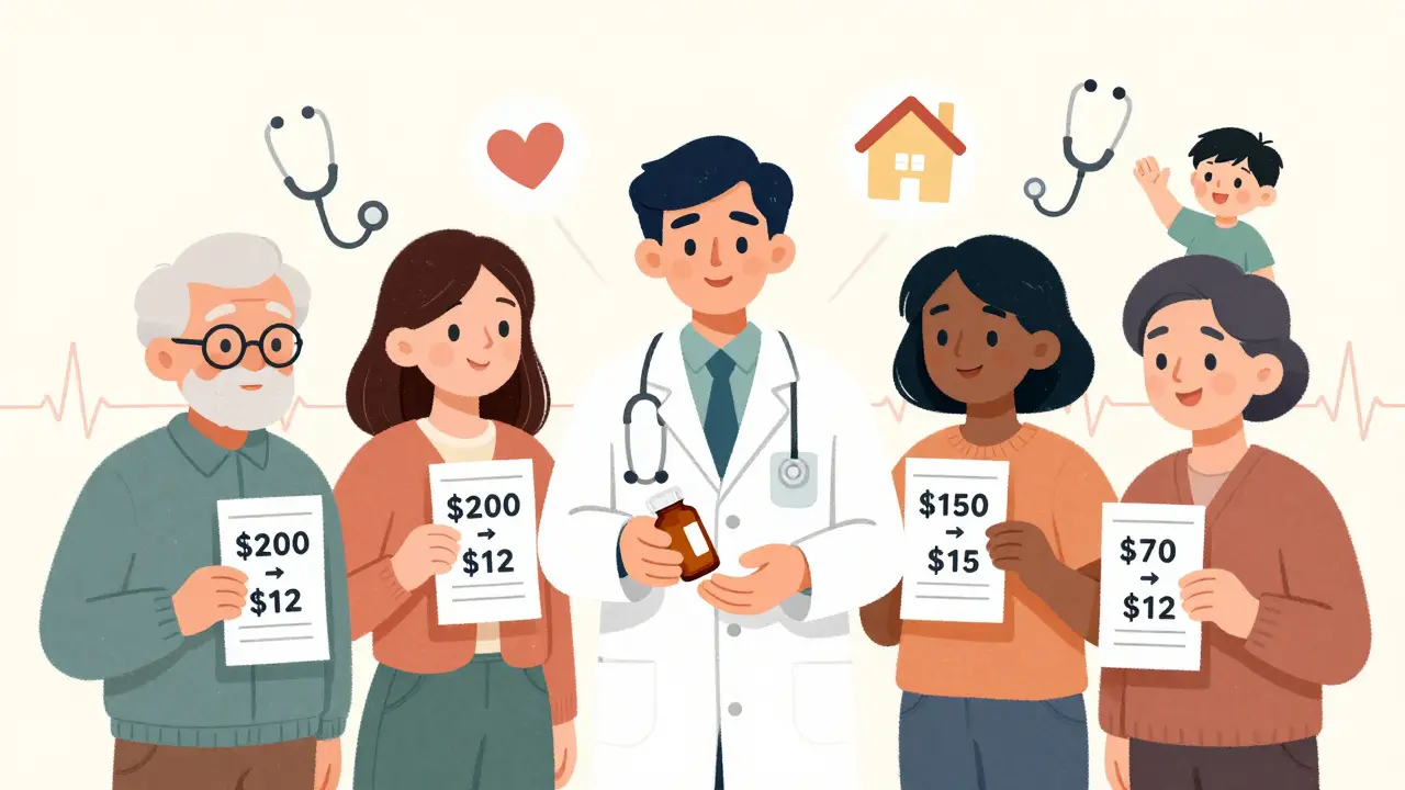 A pharmacist giving generic pills to diverse patients, with price drops and icons of a home, heart, and child nearby.