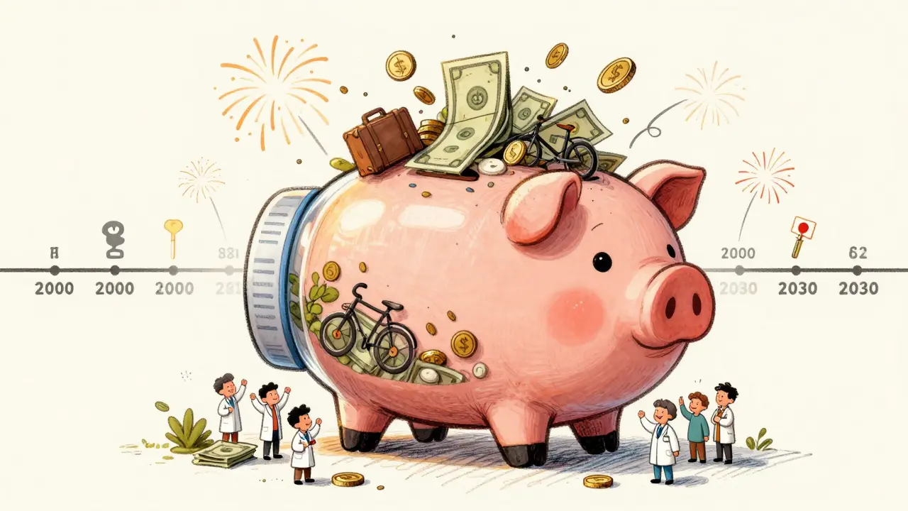 A piggy bank shaped like a pill bottle overflows with money and symbols of freedom, surrounded by cheering pharmacy staff.