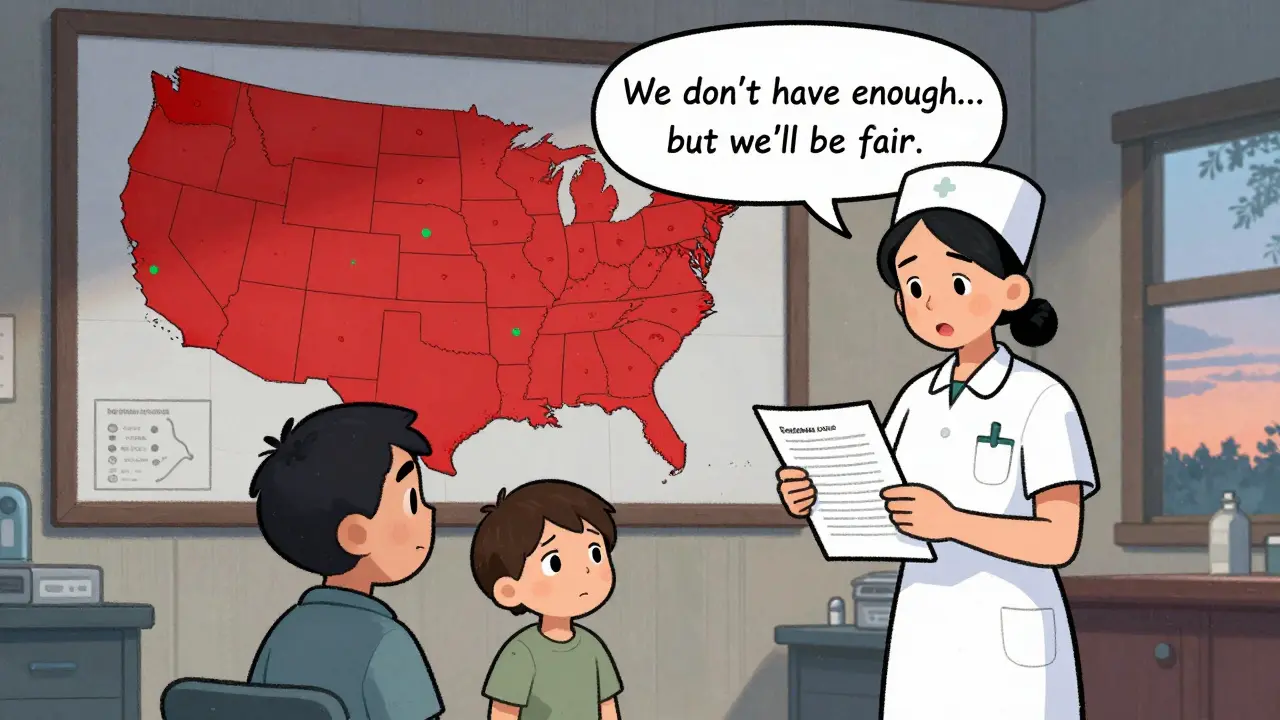 A rural nurse holds a rationing guideline as a child watches, while a U.S. map shows gaps in ethical oversight across hospitals.