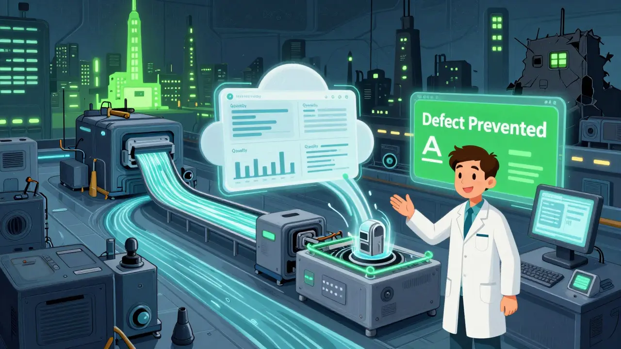 A smart factory with flowing data and predictive AI preventing defects before assembly.