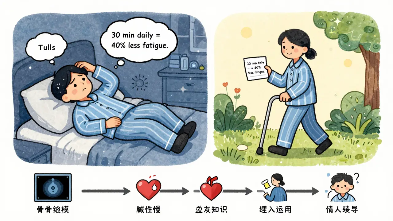 A survivor at night struggling with fatigue, then smiling while walking in a garden with health milestones.