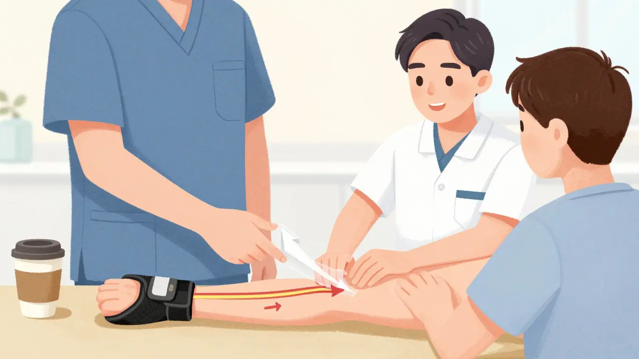 A therapist guides a patient through nerve gliding exercises with transparent nerve animation.