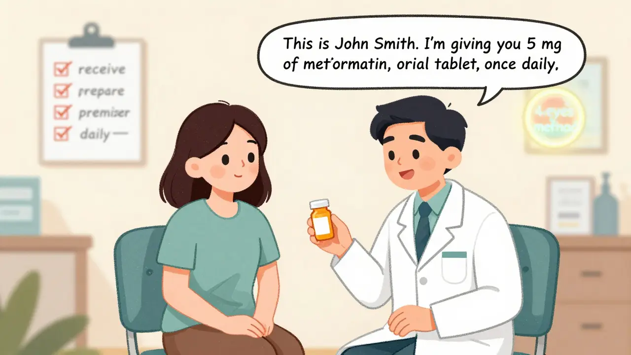 Clinician and patient using read-back method to confirm medication details during administration.