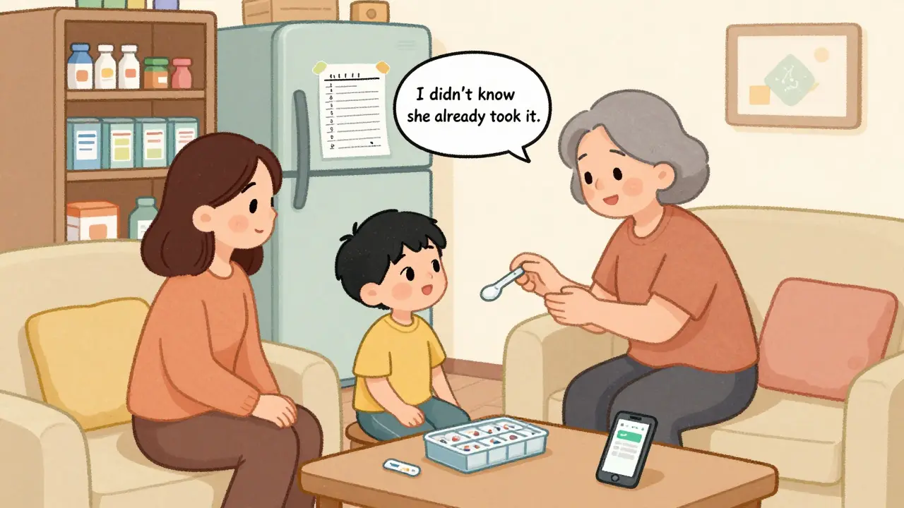 Grandmother giving child medicine while mother checks medication log on fridge, pill organizer on table.