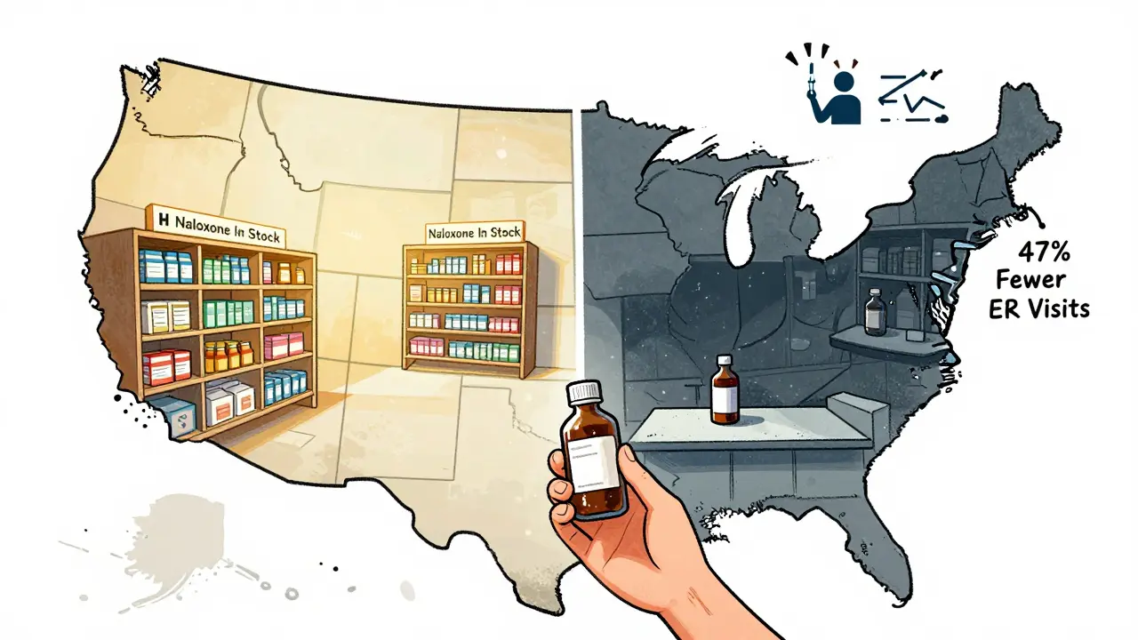 Map showing urban pharmacies stocked with naloxone versus rural ones with limited access.