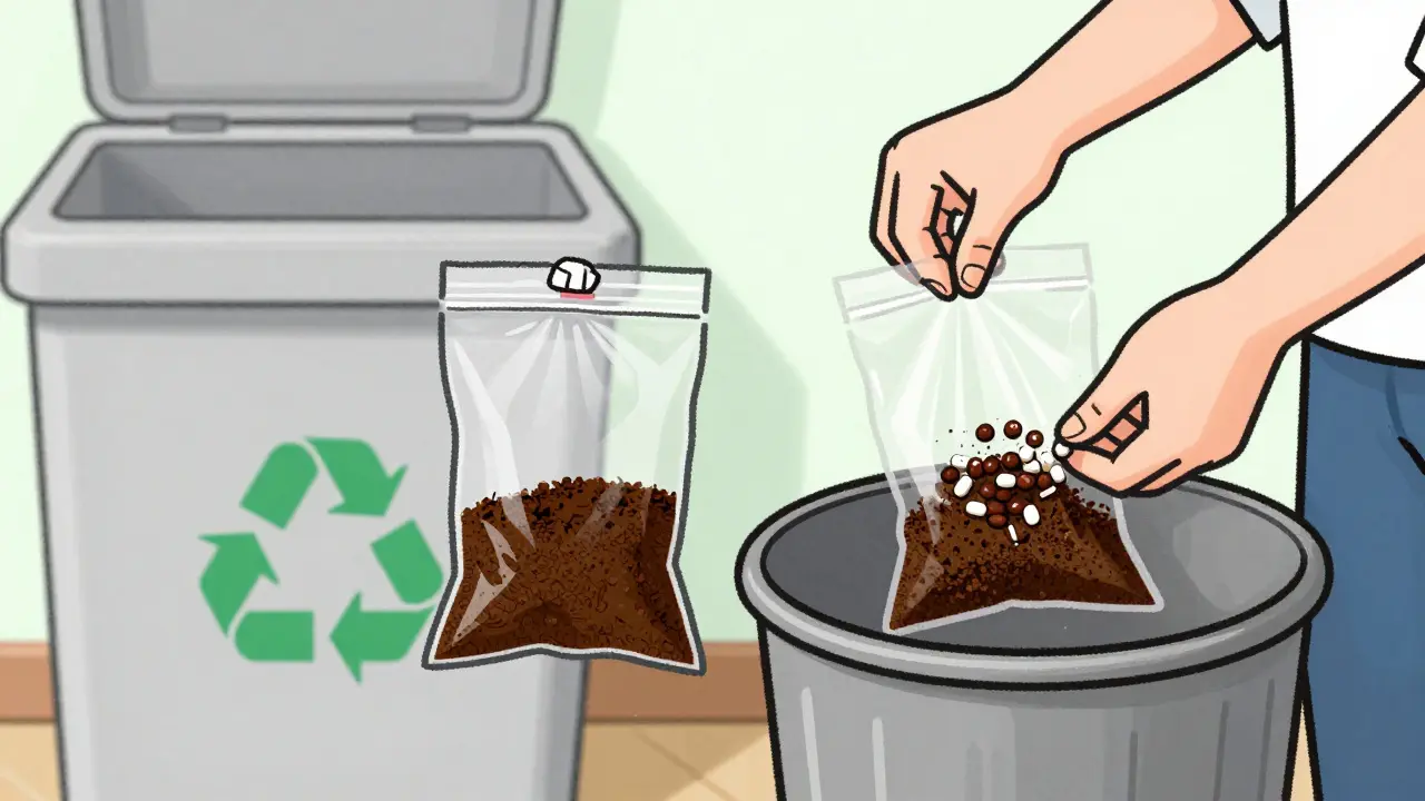 Mixing expired pills with coffee grounds in sealed bag for disposal