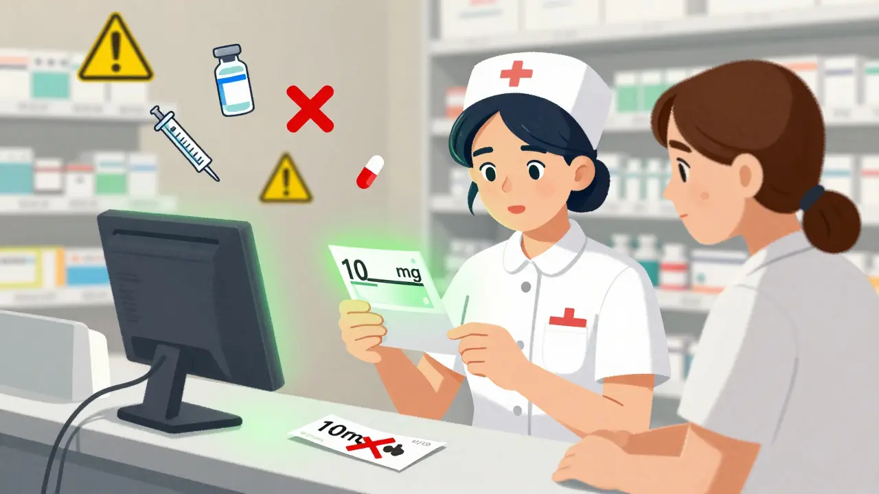 Nurse and coworker verifying medication label with barcode scanner, safe dosing shown with clear spacing.