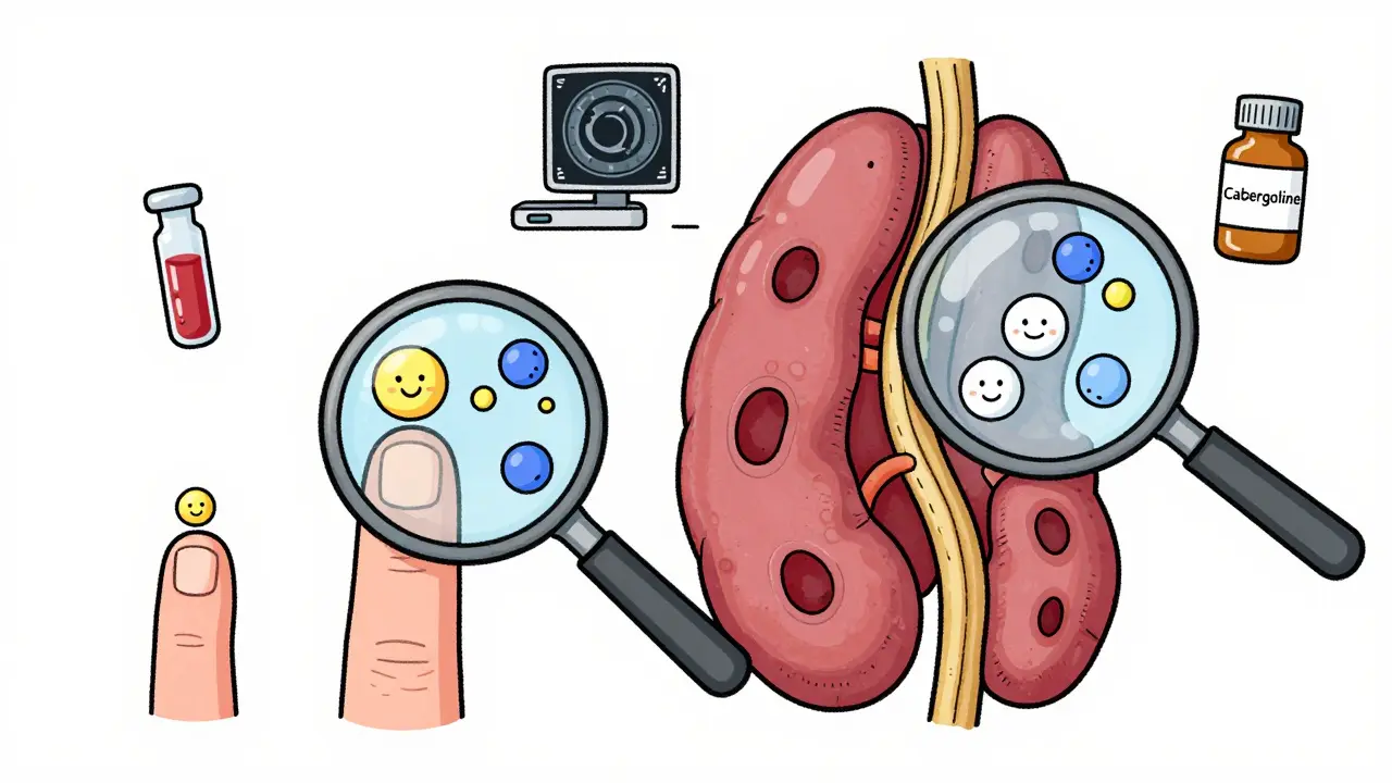 Side-by-side cartoon images of a small and large pituitary tumor, with prolactin molecules and medical tools nearby.