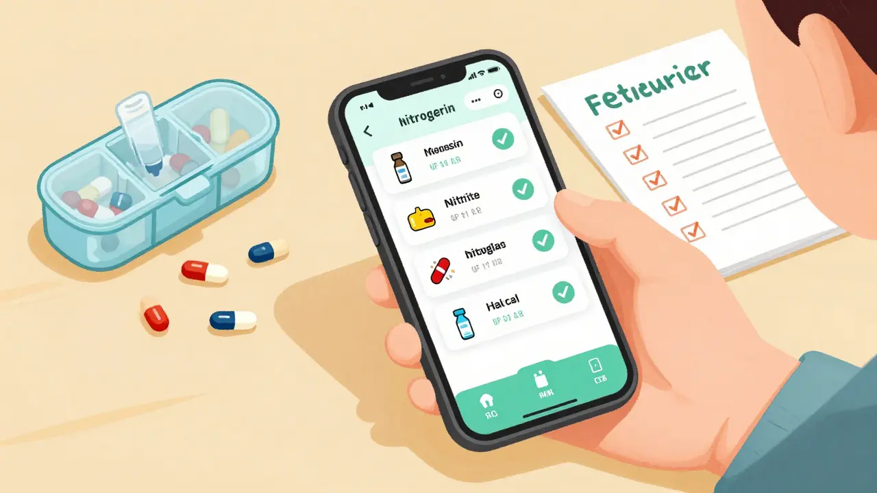 Smartphone app displaying medication reminders with icons for insulin, nitroglycerin, antibiotics