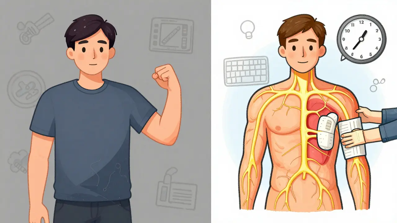 Split image: neglect leads to shrinking muscle and shadows; treatment brings bright, healthy nerve and time clock.