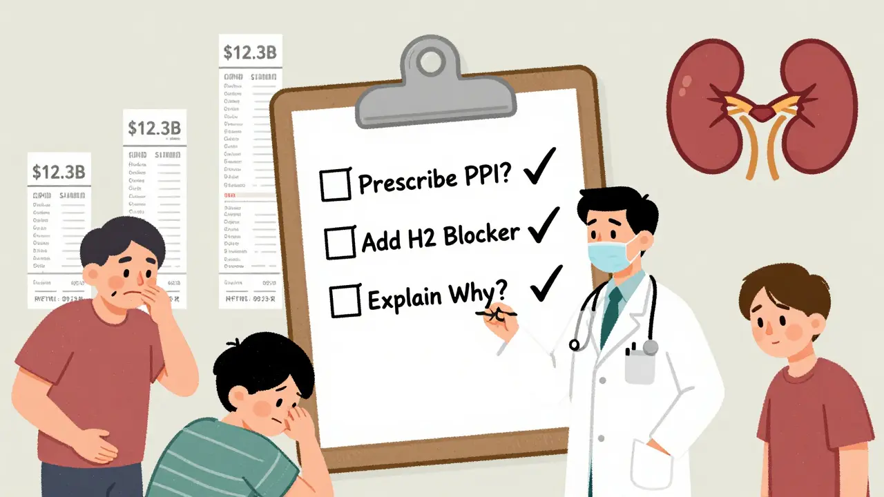 A doctor checking off prescriptions without explanation, surrounded by rising costs and patients showing side effects.