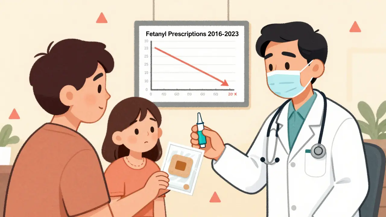 A doctor hands naloxone to a patient while a used patch is safely disposed of in a sealed bag.