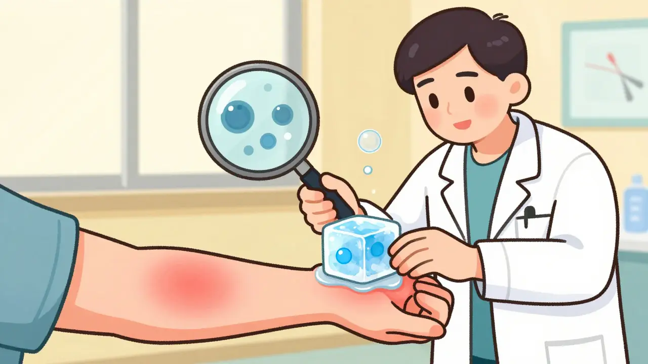 A doctor testing for cold urticaria using an ice cube, with a swollen welt forming on the arm in detailed illustration.