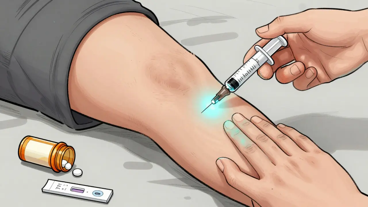 A hand injects naloxone into a thigh, with a fentanyl test strip and pill bottle nearby on the floor.