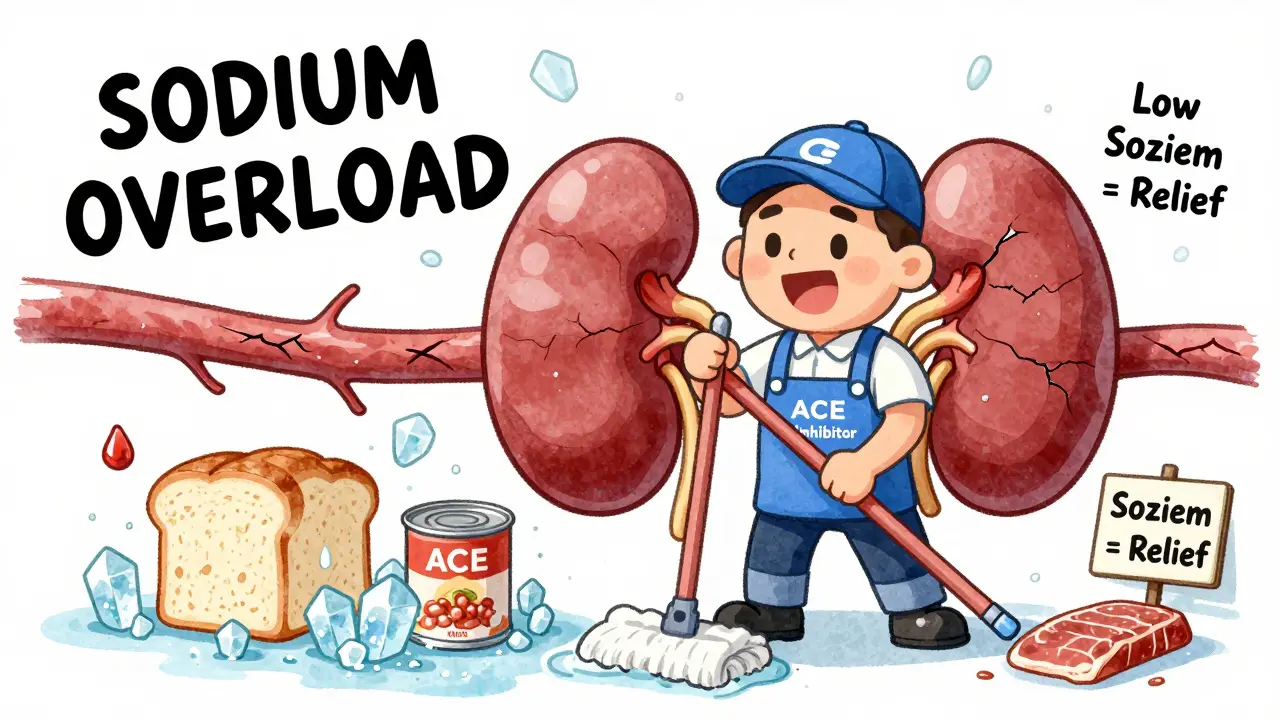 A kidney janitor mopping up salt crystals from packaged foods, with stiff blood vessels in the background.