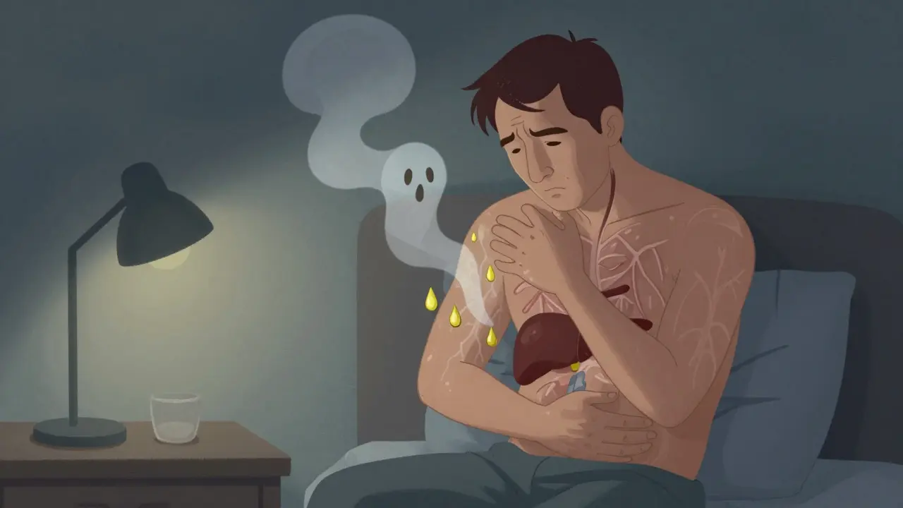 A man at night scratching intensely as ghostly bile droplets rise from his skin, symbolizing severe itching from PSC.