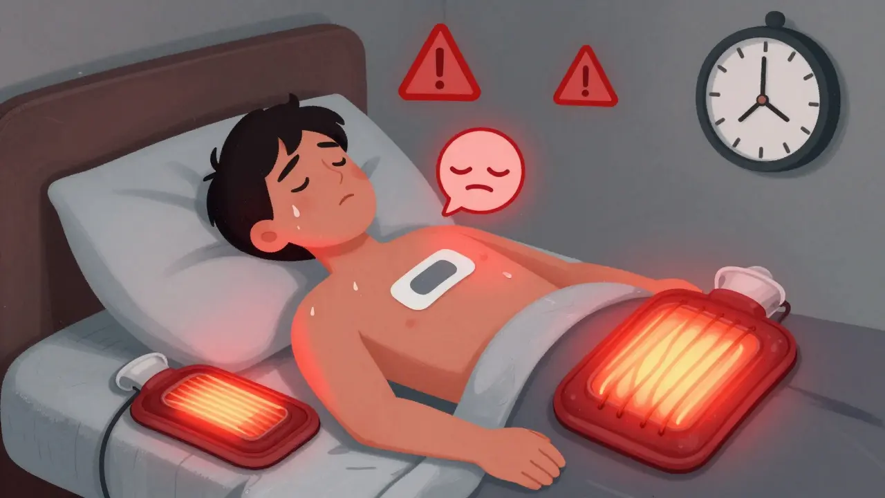 A person with a fentanyl patch lies in bed, feverish and sweating, as a heating pad emits dangerous heat.