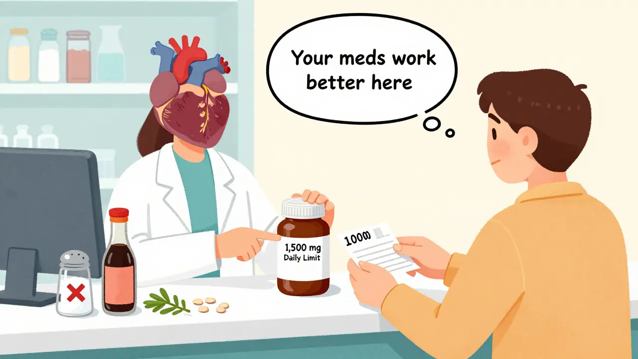 A pharmacist at a pharmacy counter pointing to a low-sodium limit jar beside healthy food alternatives.