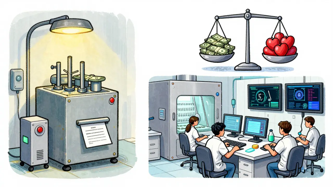 A split scene shows a failing small drug plant versus a modern facility with real-time monitoring — safety wins over cost-cutting.