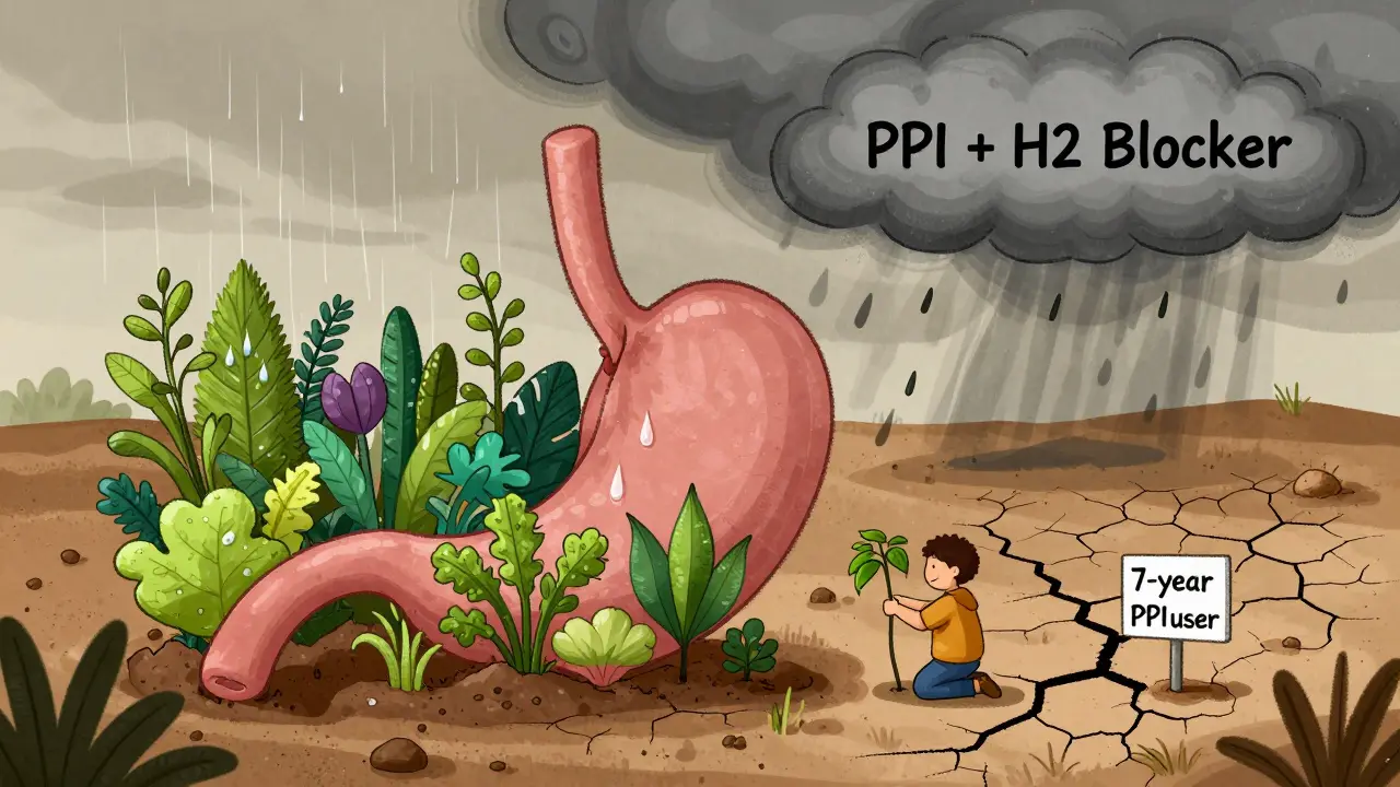 A stomach garden with one side healthy and the other barren under a storm of combined acid medications.