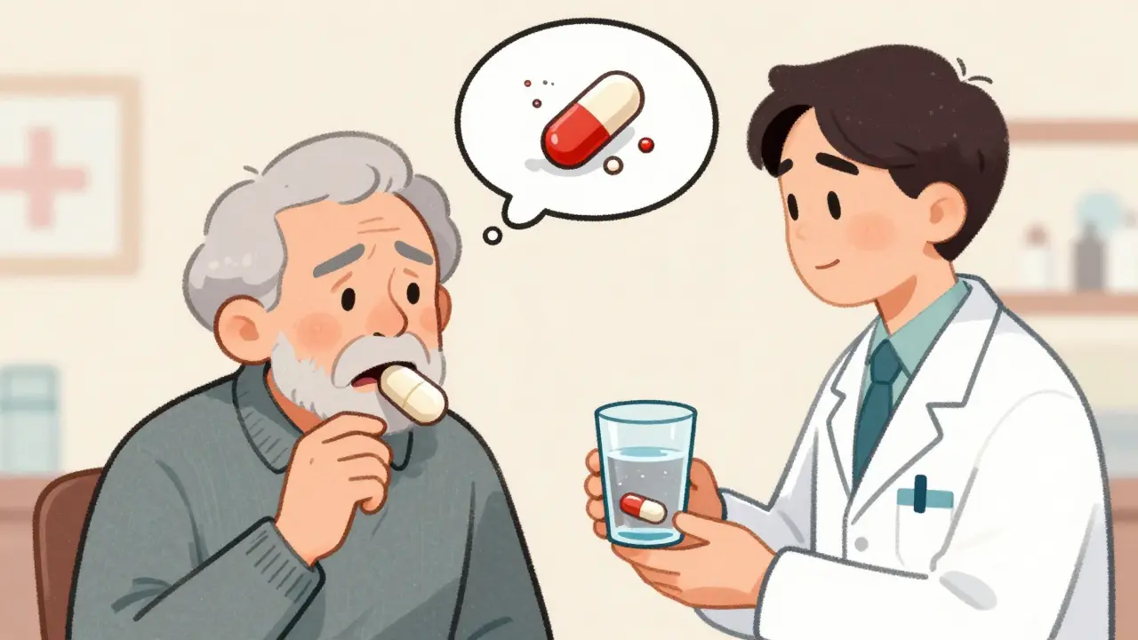 An elderly person struggling to swallow a large pill while a pharmacist offers a smaller alternative.