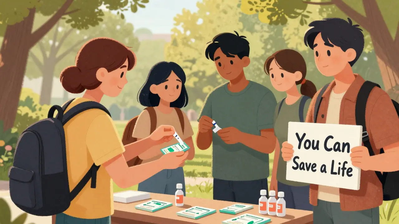 Diverse people distribute naloxone kits in a park, one testing a drug sample with a fentanyl strip.